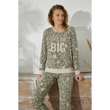 Kadın Uzun Kol Jakarlı Kalın Haki Pijama Takımı C1T5N0O91