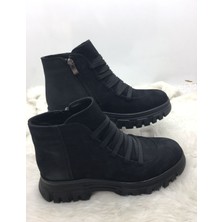 Çiğdem Kundura Çiğdem Gerçek Nubuk Deri Siyah Süs Bağlı Kısa Kadın Bot (B3A)  - Siyah - 37 - ST01460-SİYAH-37