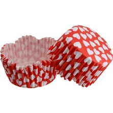 Depposite Cupcake Kalıbı Pet Kapsül Kırmızıya Beyaz Kalp Desenli Dalgalı Kek Kalıbı 65X38 mm - 100'LÜ 3.8 cm
