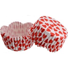 Depposite Cupcake Kalıbı Pet Kapsül Dalgalı Kek Kalıbı 65X38 mm - 100'LÜ Beyaza Sık Kalp Desen 3.8 cm