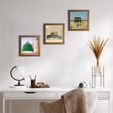 Pinecone Stone Kabe-i Muazzama, Mescid-i Aksa, Ravza-i Mutahhara Ahşap Çerçeveli Taş Duvar Tablosu 3’lü Set – 25x25 cm Dekoratif Modern Sanat – Ev ve Ofis Dekoru |W3-1894|