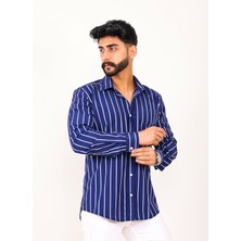 Akşahin Collection LACİVERT BEYAZ ÇİZGİLİ SLİM FİT DÖRT MEVSİM HEDİYE KUTULU UZUN KOLLU KLASİK ERKEK GÖMLEK