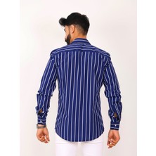 Akşahin Collection LACİVERT BEYAZ ÇİZGİLİ SLİM FİT DÖRT MEVSİM HEDİYE KUTULU UZUN KOLLU KLASİK ERKEK GÖMLEK