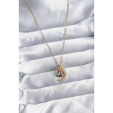 Sarpi Store 316L Çelik Zincir Gold Renk Zirkon Taşlı Hilal Kristal Kalp Model Kadın Kolye