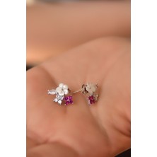 Sinsirella 925 Ayar Gümüş Kaplama Sedef Manolya Fuşya Beyaz Taşlı Yonca Çiçek Küpe