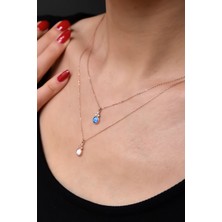 Sinsirella 925 Ayar Gümüş Kaplama Asansörlü Opal Beyaz ve Mavi Taşlı Kolye