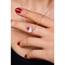 Sinsirella 925 Ayar Gümüş Kaplama Sedef Manolya Fuşya Beyaz Taşlı Yonca Çiçek Kolye