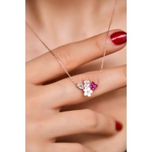 Sinsirella 925 Ayar Gümüş Kaplama Sedef Manolya Fuşya Beyaz Taşlı Damla Yonca Çiçek Kolye