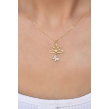 Sinsirella Gümüş Kaplama Beyaz Taşlı Kelebek Lotus Çiçeği Kolye
