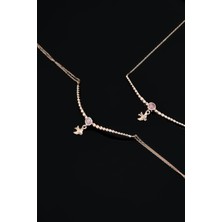 Sinsirella 925 Ayar Gümüş Kaplama Top Motifli Pembe Ay Taşı Kırlangıç Kolye ve Bileklik Set