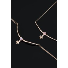 Sinsirella 925 Ayar Gümüş Kaplama Top Motifli Pembe Ay Taşı Kırlangıç Kolye ve Bileklik Set