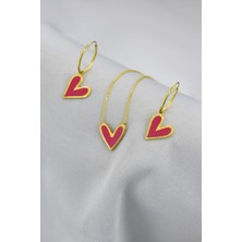 Sinsirella 925 Ayar Gümüş Kaplama Pembe Mineli Kalp Kolye Küpe Set