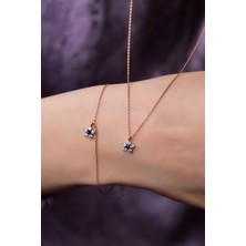 Sinsirella 925 Ayar Gümüş Kaplama Lacivert Zirkon Taşlı Mini Çiçek Kolye ve Bileklik Set