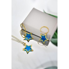 Sinsirella 925 Ayar Gümüş Kaplama Parlayan Rüya Serisi Ebruli Cam Boyalı Yıldız Kolye ve Küpe Set