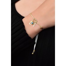 Sinsirella 925 Ayar Gümüş Kaplama Beyaz Ipli Kesim E-F Harfli Cam Göz Düğüm Kadın Bileklik