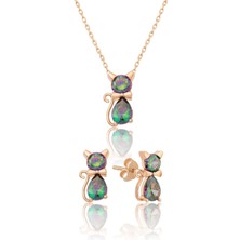 Sinsirella 925 Ayar Mistik Topaz Taşlı Gümüş Kedi Küpe Kolye Set