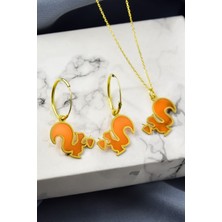 Sinsirella 925 Ayar Gümüş Kaplama Parlayan Rüya Serisi Ebruli Cam Boya Sincap Küpe ve Kolye Set