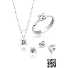 Sinsirella Swarovski® Tektaş Set -  Yüzük Kolye Küpe -  Rodyum Kaplama 925 Ayar Gümüş