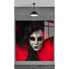 Meta Cam Muhteşem Kırmızı Tüy ve Maske Temperli Cam Üzerine Tablo Sevgilinize Yılbaşı