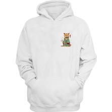 The Wert Unisex Göz Kırpan Samuray Kedi Baskılı Beyaz Normal Kalıp Şardonlu Kalın Sweatshirt