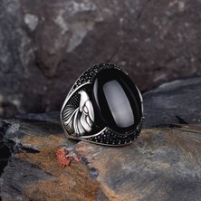 Tesbih Sepetim 925 Ayar Gümüş Oval Onix Taşlı Kartal Motifli Yüzük