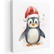 Painted Anarchy Penguen Kanvas Tablo - Noel Baba Şapkalı Sevimli Suluboya Penguen - Penguen, Duvar Tablosu, Suluboya Penguen, Penguen Duvar Tablosu, 30X30