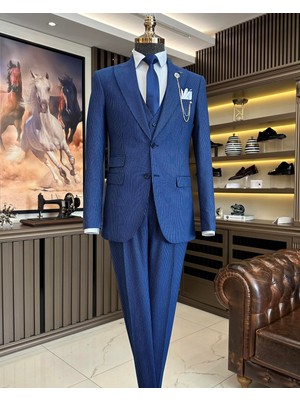 İtalyan stil 8 drop çizgili ceket yelek pantolon takım elbise lacivert T10714