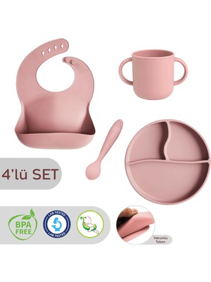 Meleni Baby 4'lü Silikon Beslenme Seti - Silikon Mama Önlüğü Kulplu Bardak Mama Kaşığı Vakum Tabanlı Tabak