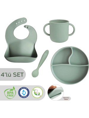 Meleni Baby 4'lü Silikon Beslenme Seti - Silikon Mama Önlüğü Kulplu Bardak Mama Kaşığı Vakum Tabanlı Tabak