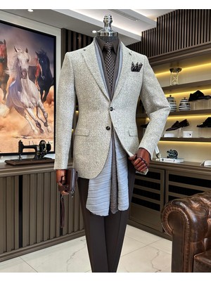 Terzi Adem Altun İtalyan stil slim fit mono yaka erkek ceket vizon T10886