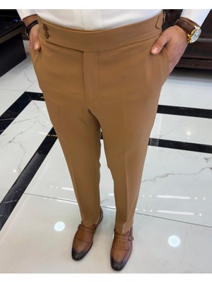 Terziademaltun Italyan Stil Slim Fit Bel Detaylı Erkek Pantolon Camel T10563