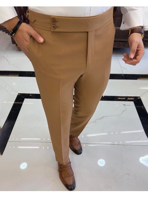 Terziademaltun Italyan Stil Slim Fit Bel Detaylı Erkek Pantolon Camel T10563