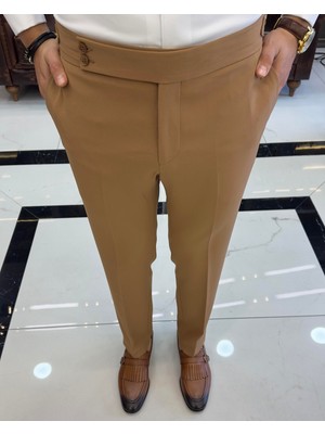 Terziademaltun Italyan Stil Slim Fit Bel Detaylı Erkek Pantolon Camel T10563