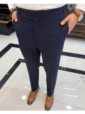 Terziademaltun Italyan Stil Slim Fit Bel Detaylı Erkek Pantolon Lacivert T10564