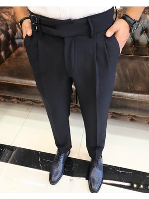 İtalyan stil bel detaylı pileli erkek pantolon lacivert T11051