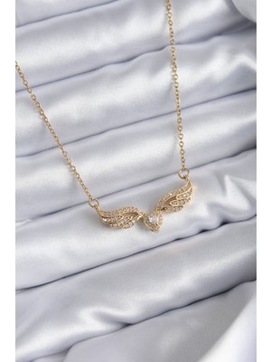Tua Moda 316L Çelik Zincir Gold Renk Zirkon Taşlı Kanat Kalp Model Kadın Kolye