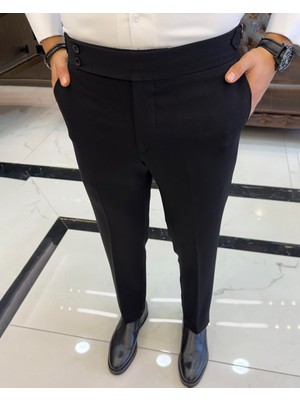 Terziademaltun Italyan Stil Slim Fit Bel Detaylı Erkek Pantolon Siyah T10560