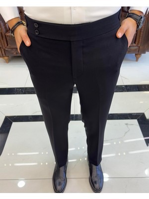 Terziademaltun Italyan Stil Slim Fit Bel Detaylı Erkek Pantolon Siyah T10560