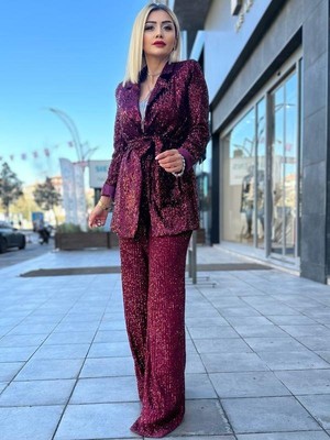 Kokoşum Butik 5518 Kemerli Payet Pantolon Bordo