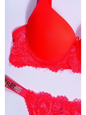 Tılsım Lingerie Kırmızı Love Secret Taşlı Desteksiz Iç Çamaşır Takımı