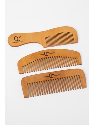 Comes Cosmetic 3'lü Şimşir Tarak Set %100 Doğal (Anne Bebek Çocuk Seti) Saplı + Seyrek Dişli Set
