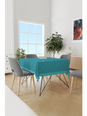 Turkuaz Beşgen Desenli Süet Dertsiz Masa Örtüsü