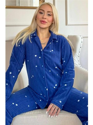 Pijama Evi Lacivert Eclipse Desenli Önden Düğmeli Peluş Polar Pijama Takımı