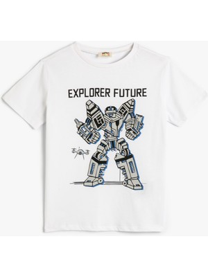 Koton Kısa Kollu Pamuklu Tişört Erkek Çocuk Günlük Stil Robot Baskılı Beyaz