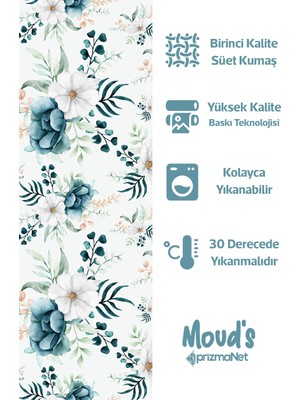 Moud's Lacivert Yeşil Çiçek Desenli Yuvarlak Süet Dertsiz Masa Örtüsü