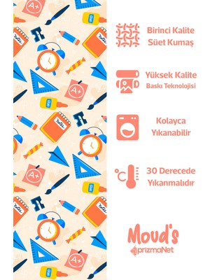 Moud's Krem Defter Kalem Cetvel Desenli Süet Dertsiz Masa Örtüsü