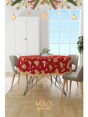 Moud's Kırmızı Yılbaşı Kurabiyeleri Desenli Yuvarlak Süet Dertsiz Masa Örtüsü