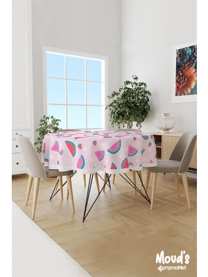 Moud's Pembe Karpuz ve Çilek Desenli Yuvarlak Süet Dertsiz Masa Örtüsü
