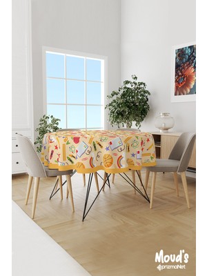 Moud's Sarı Kalem ve Basketbol Topu Desenli Yuvarlak Süet Dertsiz Masa Örtüsü