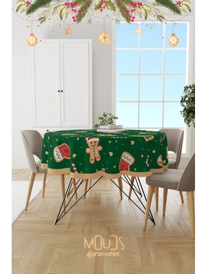 Moud's Yeşil Yılbaşı Kurabiyeleri Desenli Yuvarlak Süet Dertsiz Masa Örtüsü